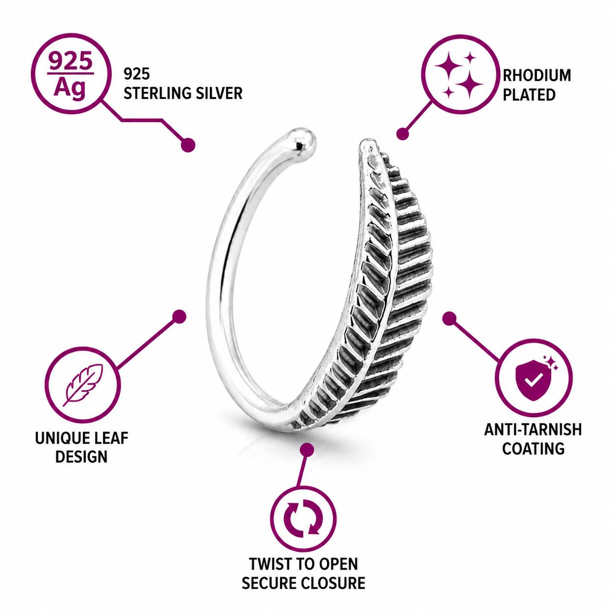 925 Sterling Silver Feather Open Hoop Nose Ring - Image 4